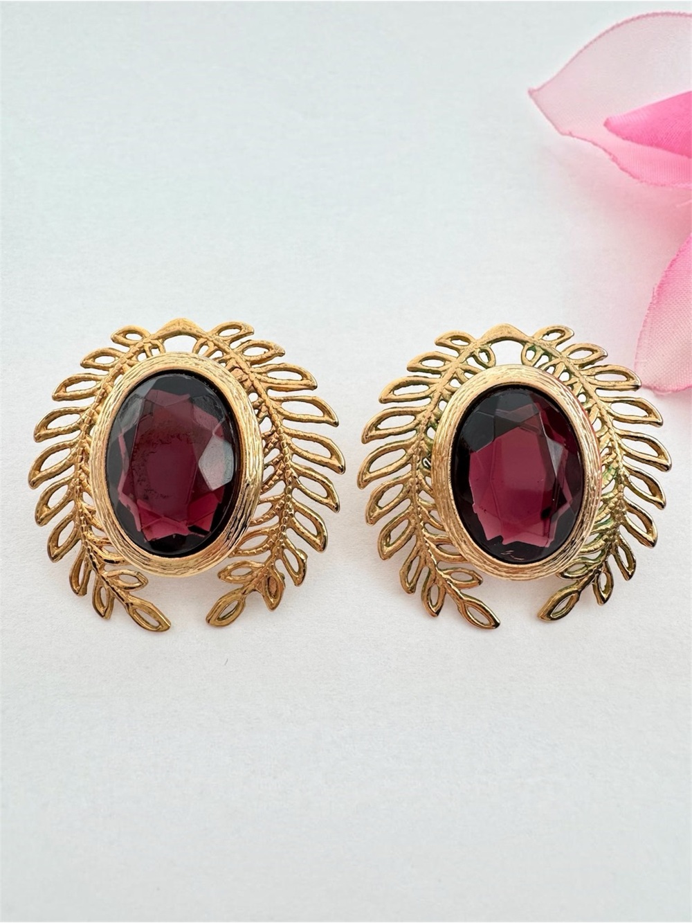 Vintage Amethyst Glass Earrings Branch Bezel Gold Tone Botanical Maximalist Glam